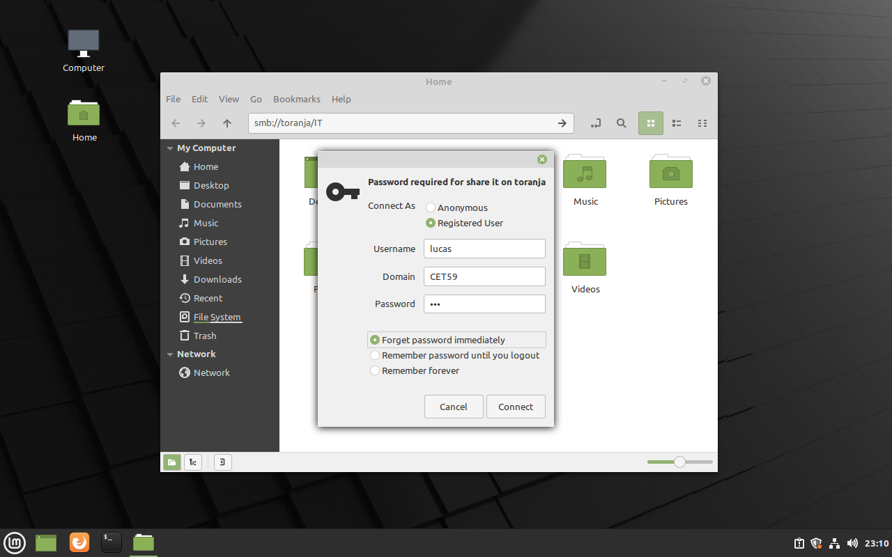 User lucas acessando partilha IT em cliente Linux