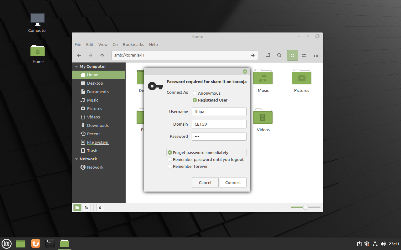 User filipa acessando partilha IT em cliente Linux