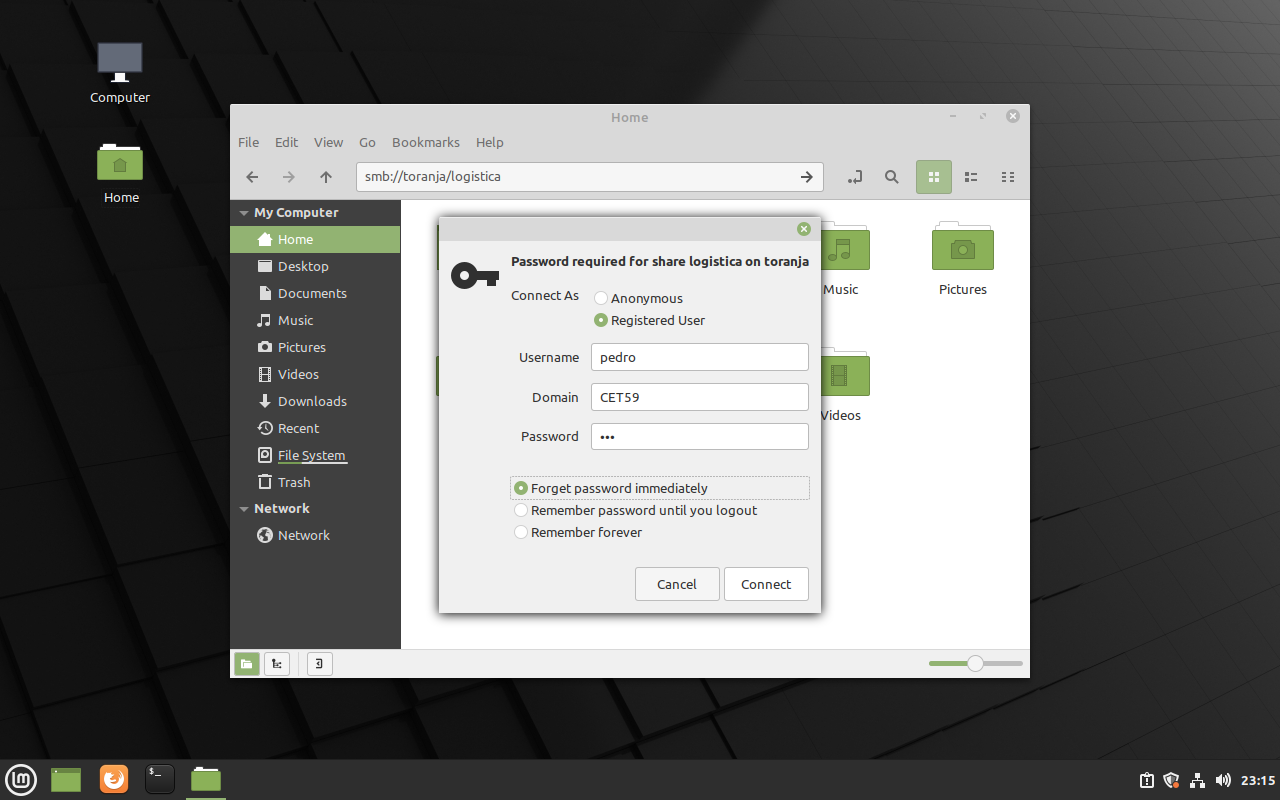User pedro acessando partilha LOGISTICA em cliente Linux