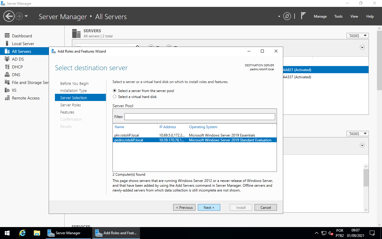 Add Roles and Features - Server Selection