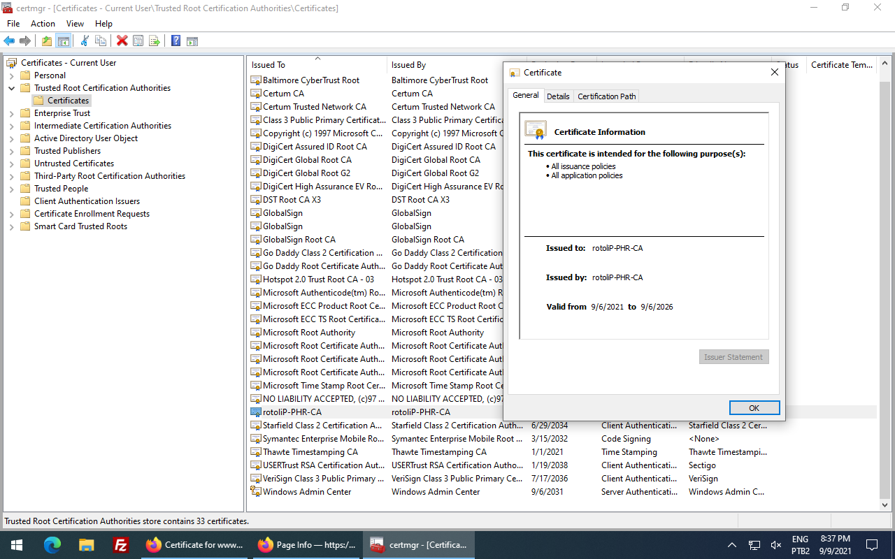 Certification Authority trusted certificate