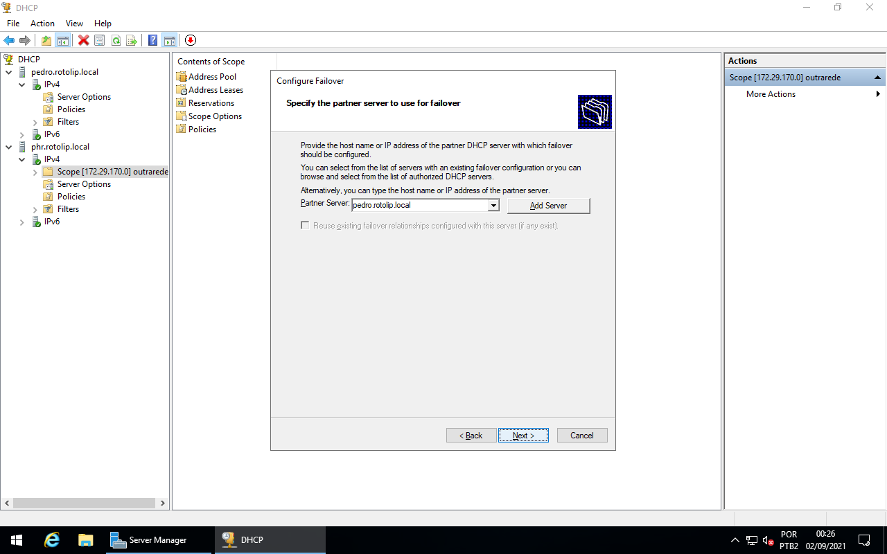 DHCP Failover - Partner server selected