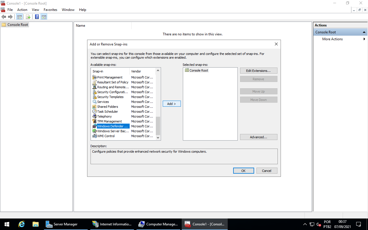 Availabbe snap-ins - Windows Defender
