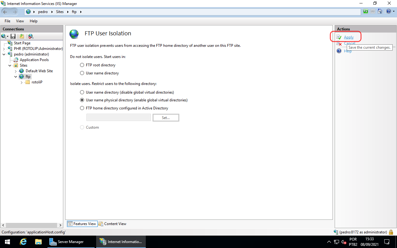FTP User Isolation - User name physical directory