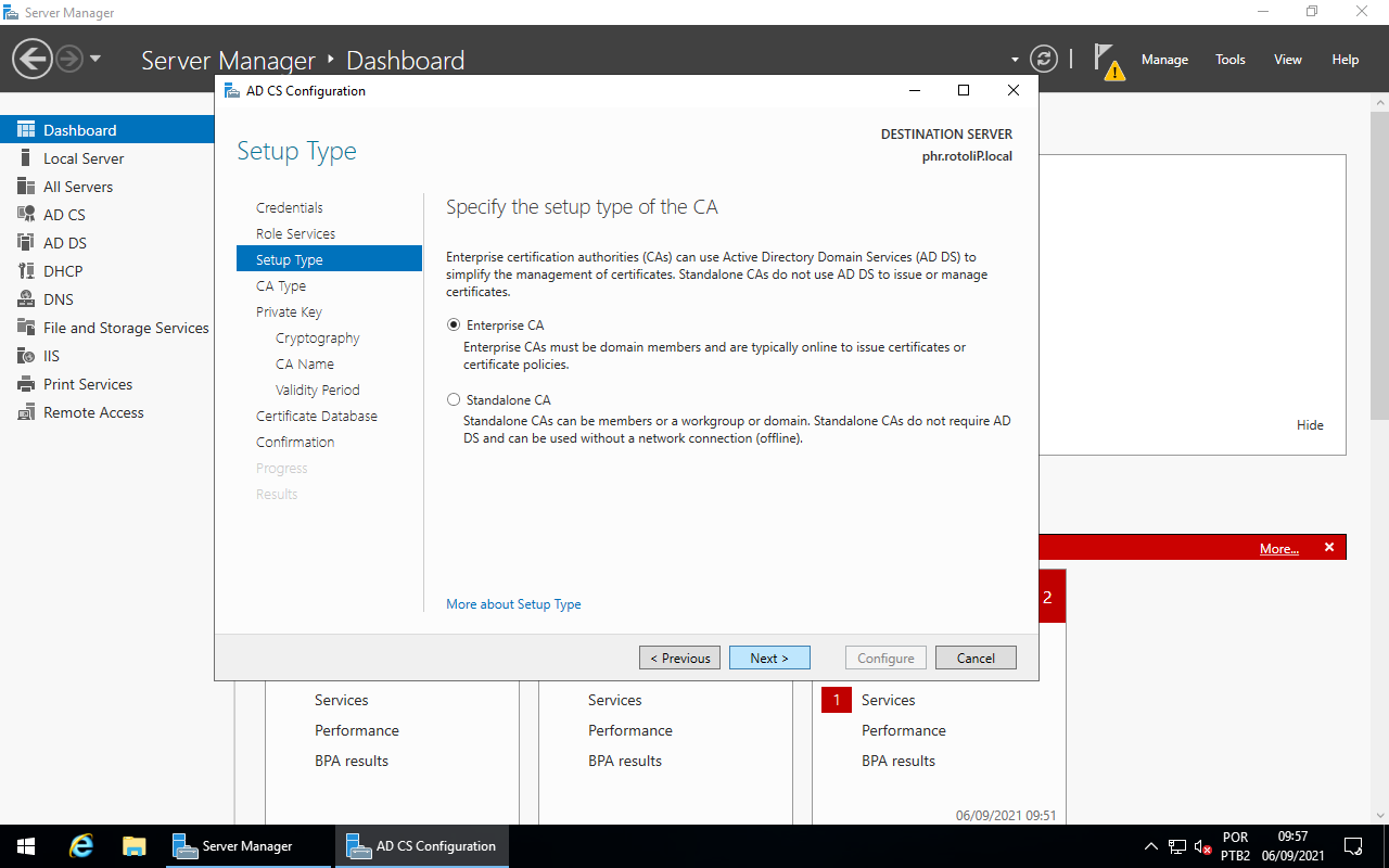 AD CS Configuration - Setup type of CA