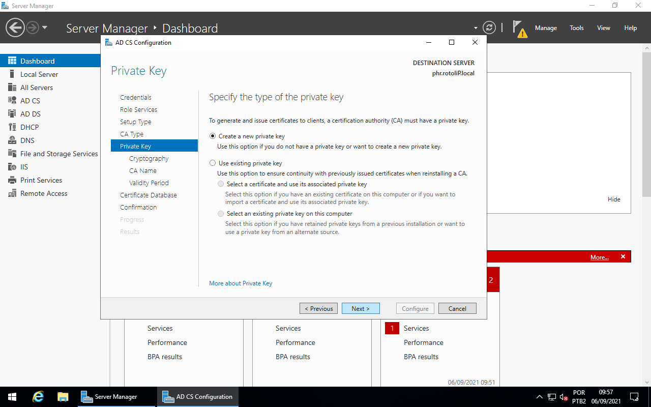 AD CS Configuration - Type of private key