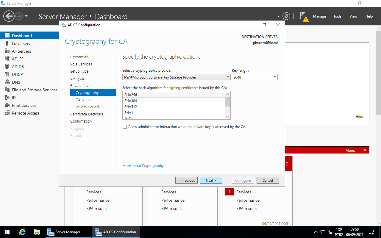 AD CS Configuration - Cryptographic options