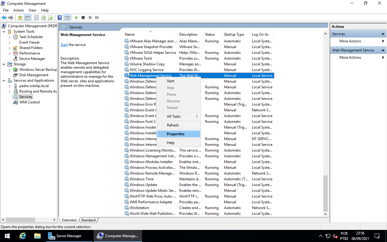 Computer Management - Web Management Service Properties