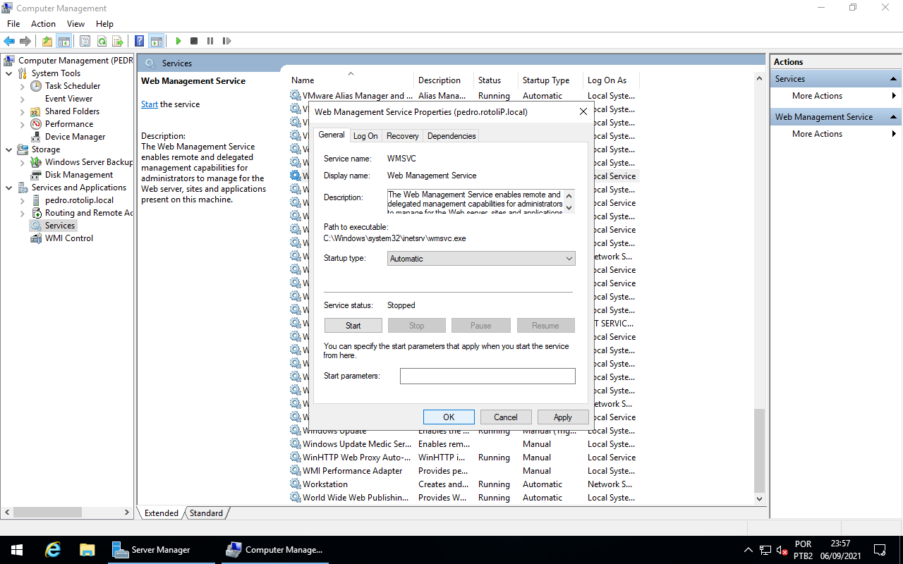 Computer Management - Web Management Service Startup type