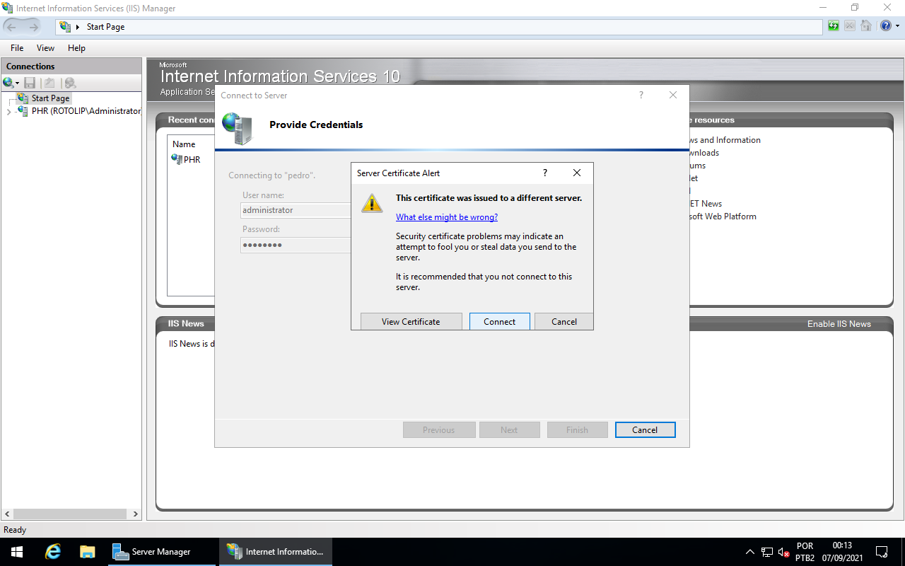IIS Manager - Server Certificate Alert