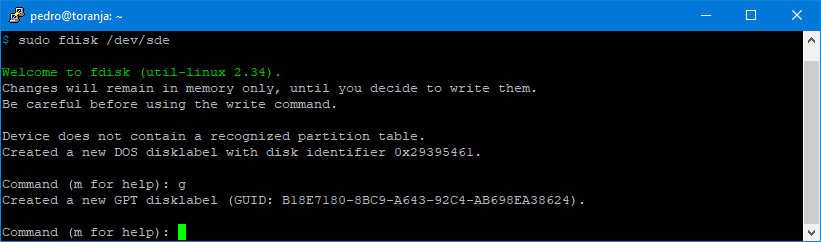 fdisk - new partition table
