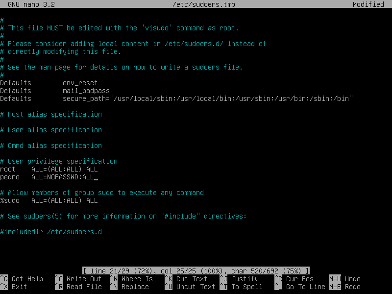 Nova entrada sudoers