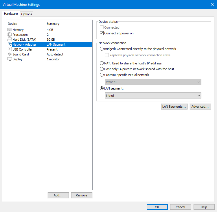 Configurações da VM