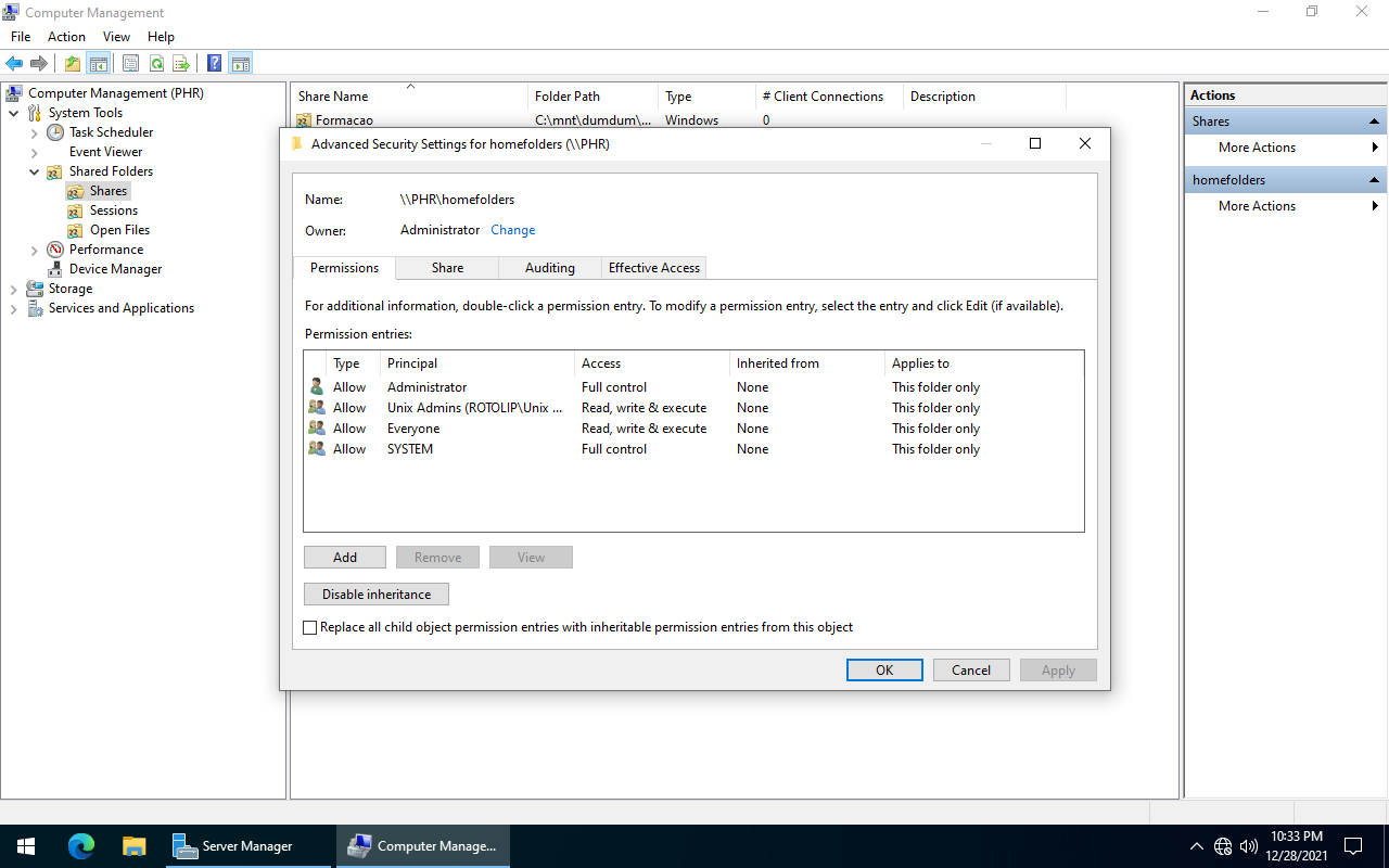 Advanced Security Settings for homefolders