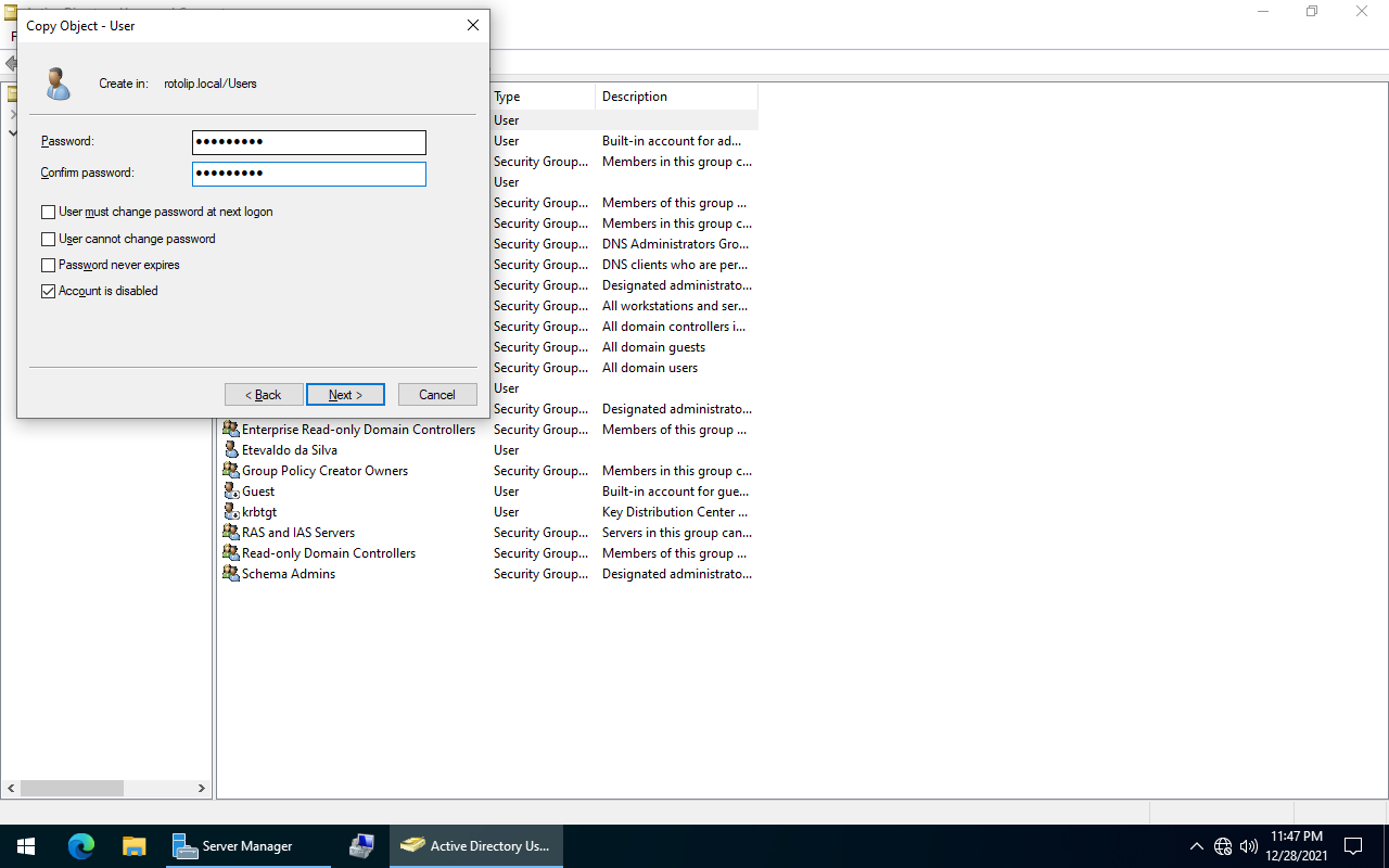 Definições de senha