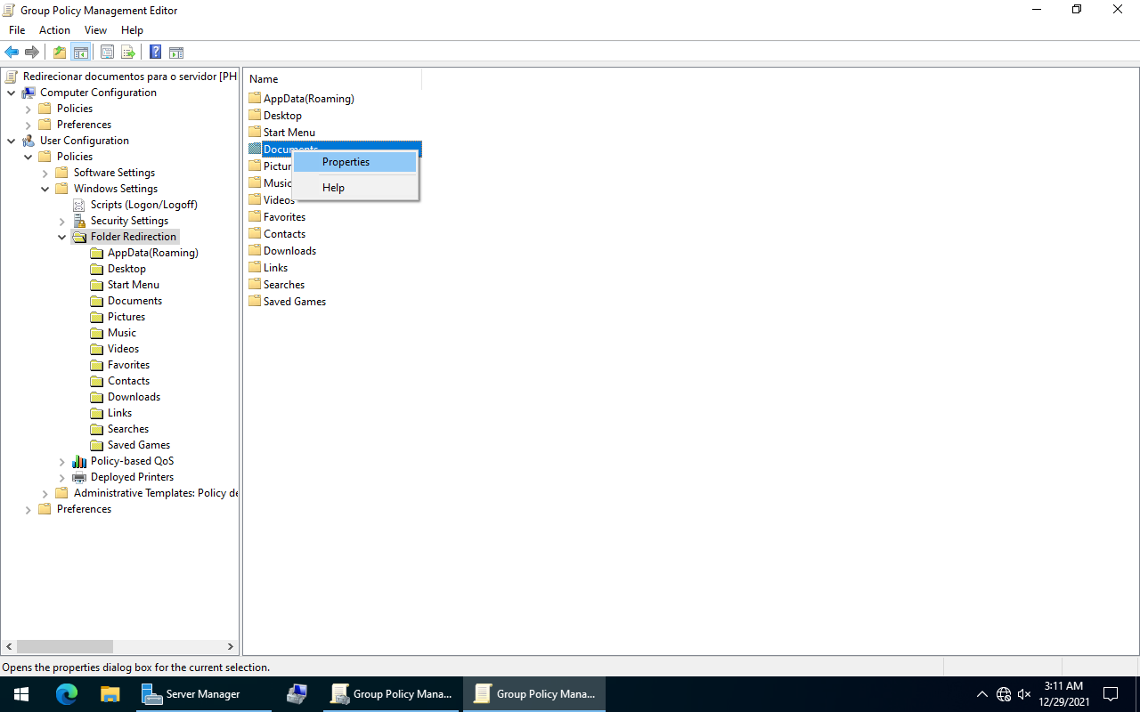 Propriedades da pasta a ser redirecionada