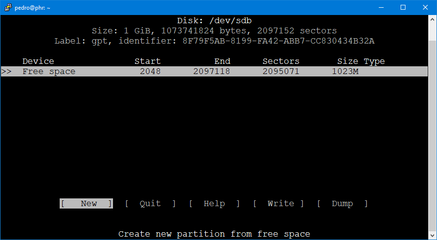 Interface para a criação das partições