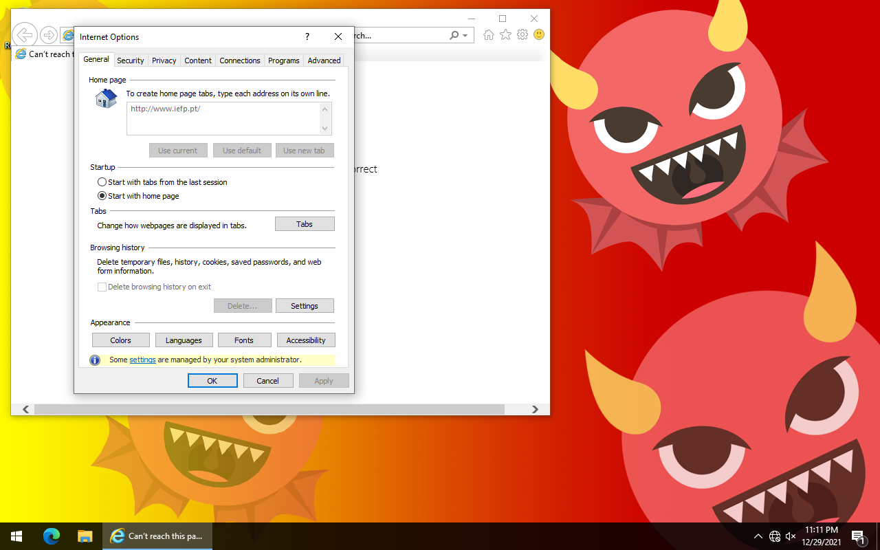 Página inicial configurada e impedida a alteração