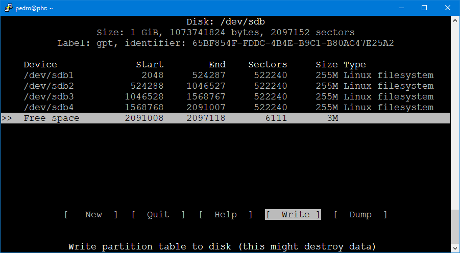 Quatro partições criadas