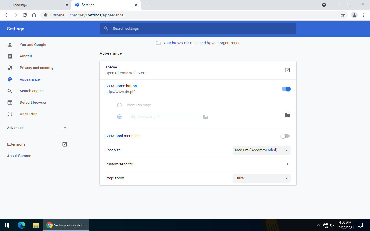 Página inicial configurada e sem possibilidade de ser alterada