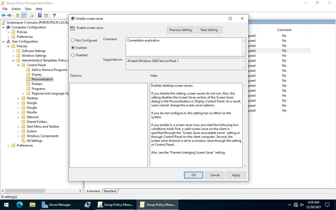 Habilitar screensaver