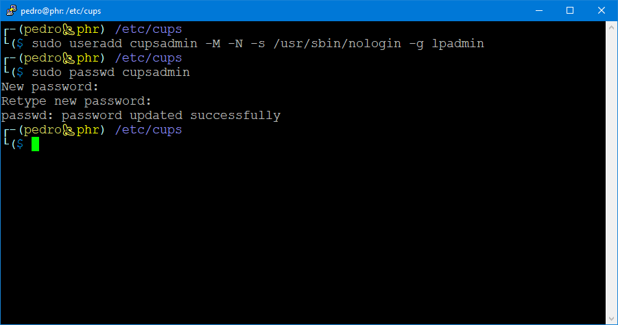 Nova conta de administração do CUPS