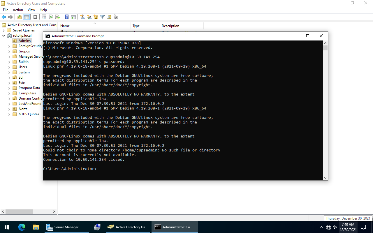 Conta cupsadmin não pode acessar o sistema