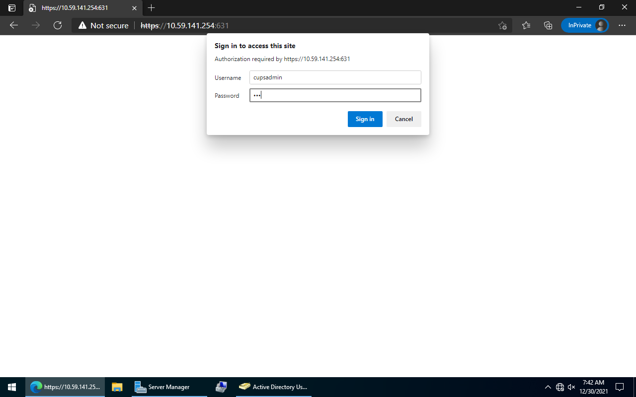 Acessar a interface web com a conta cupsadmin