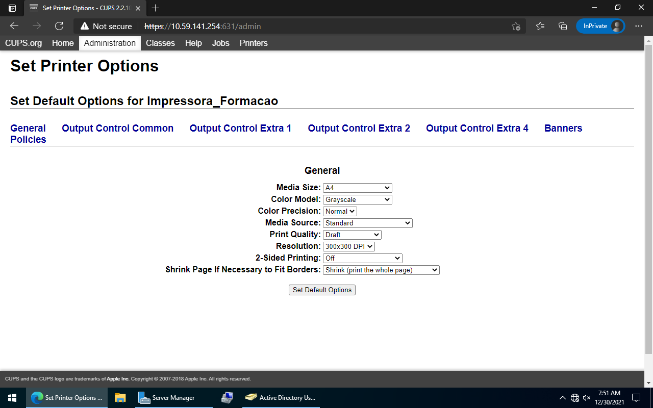 Configurações da impressora