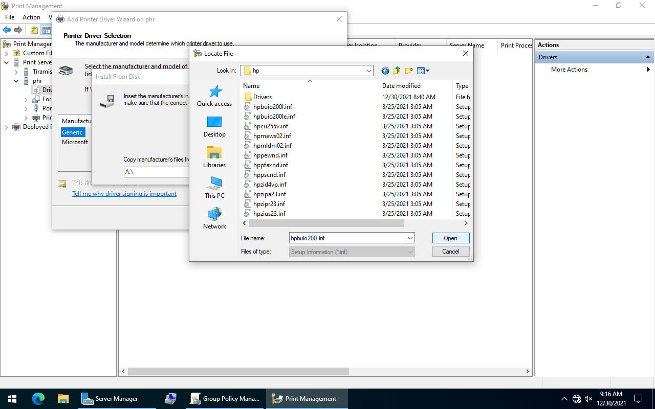 Localização dos drivers da impressora a ser instalada
