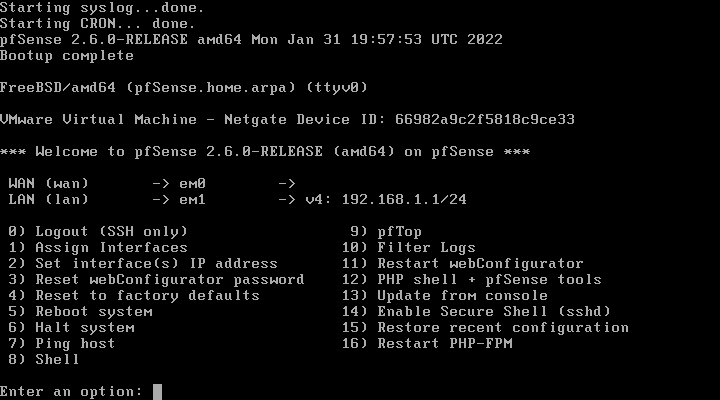 pfSense primeiro boot