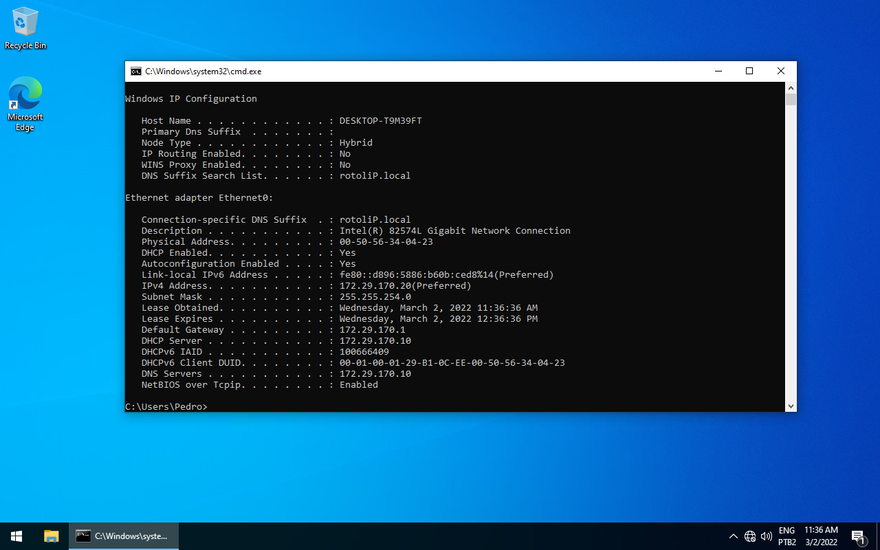 Cliente com IP atribuído pelo Windows Server