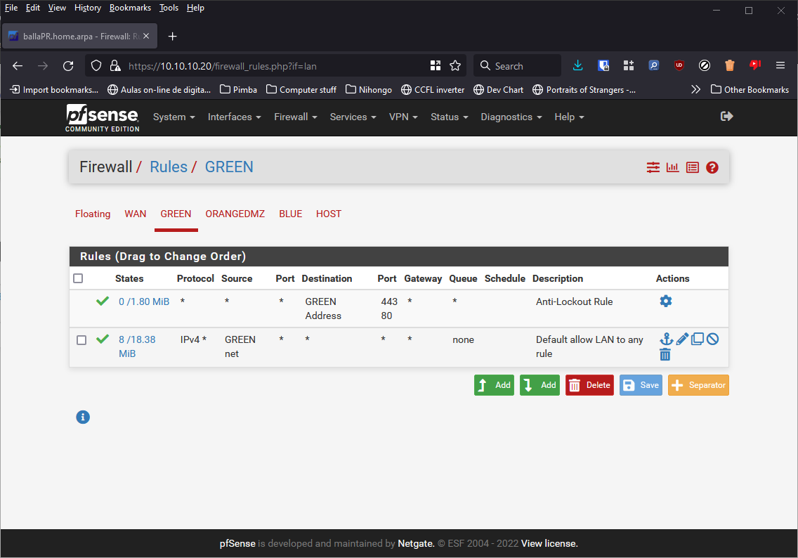 Regras do Firewall na rede Green