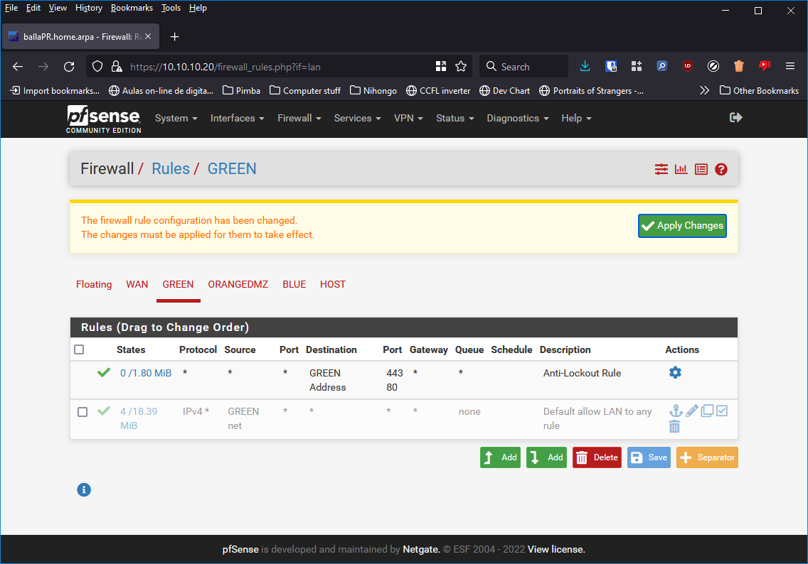 Regra que permite todo o tráfego desativada