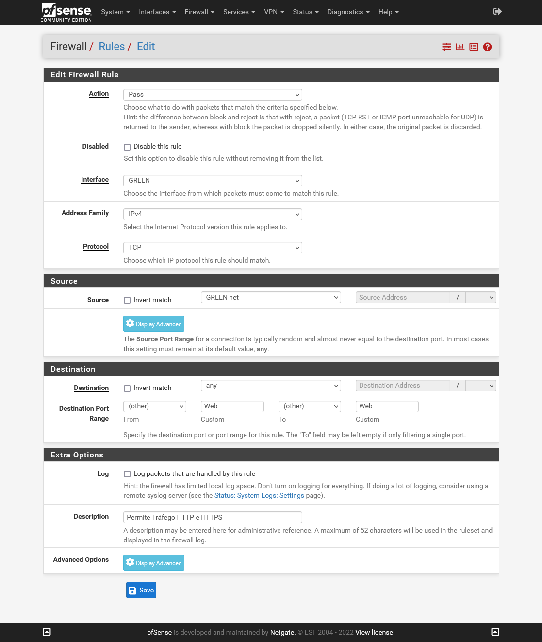 Regra permitindo o acesso web