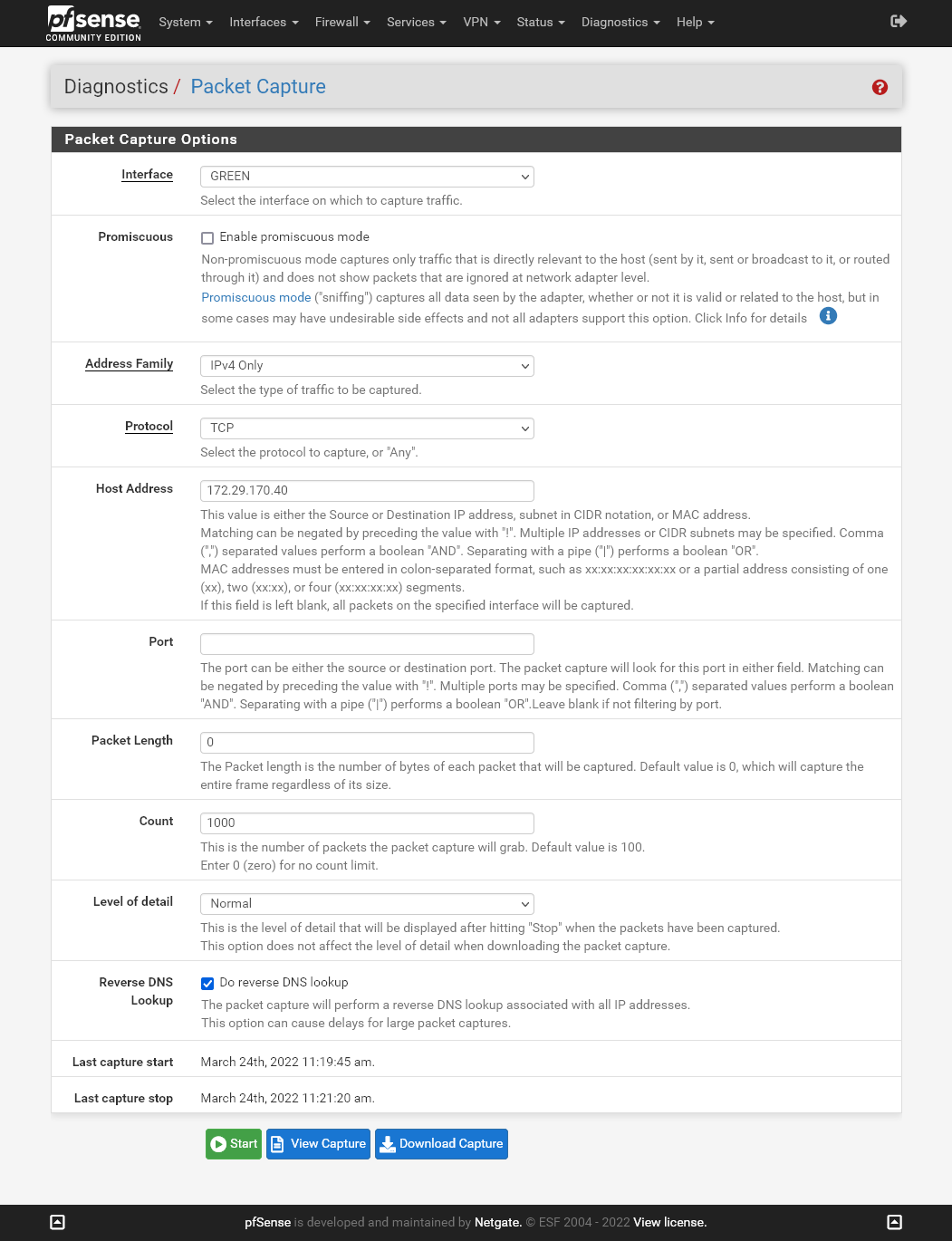 Configurações da Captura