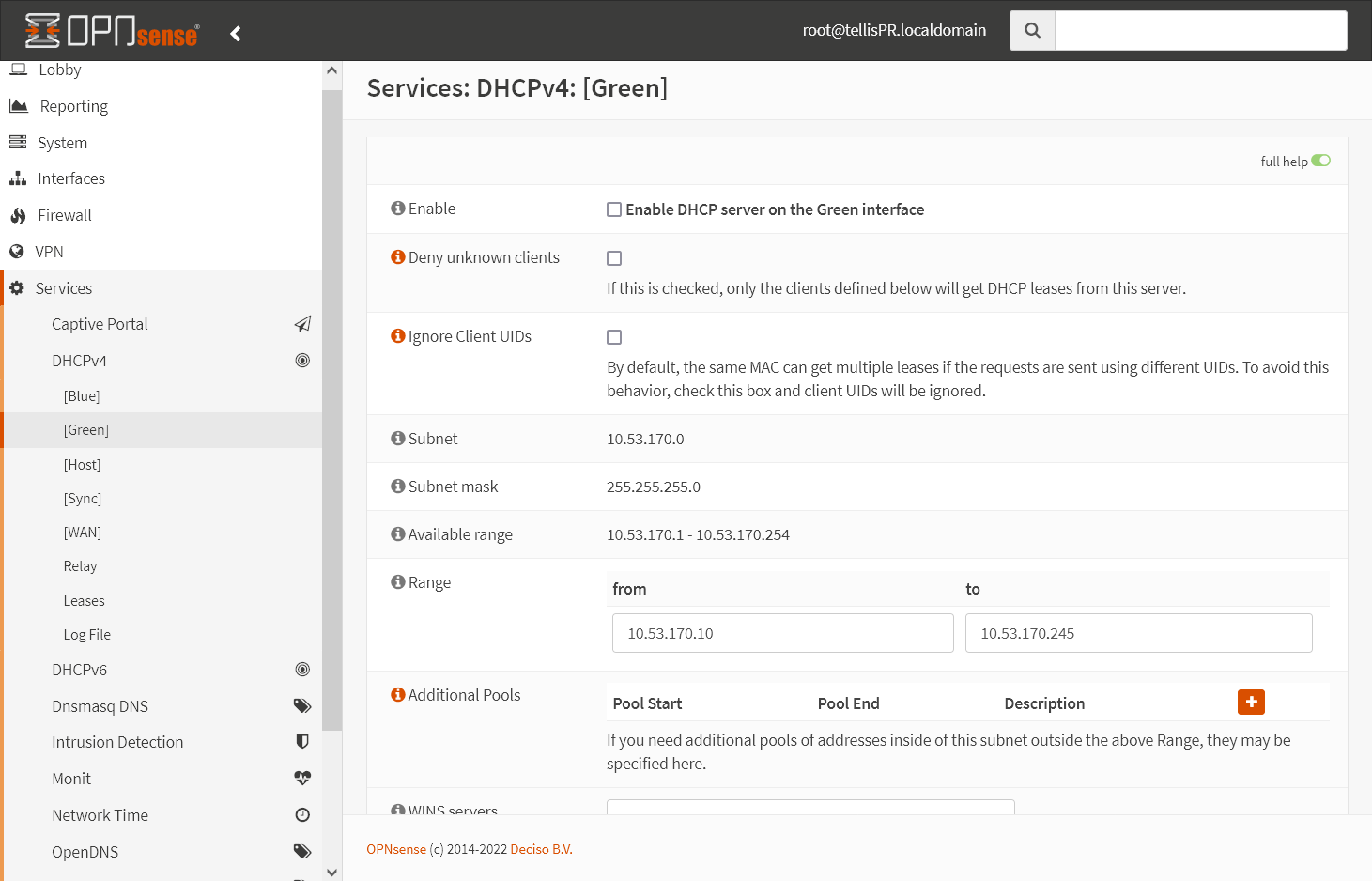DHCP na Interface Green