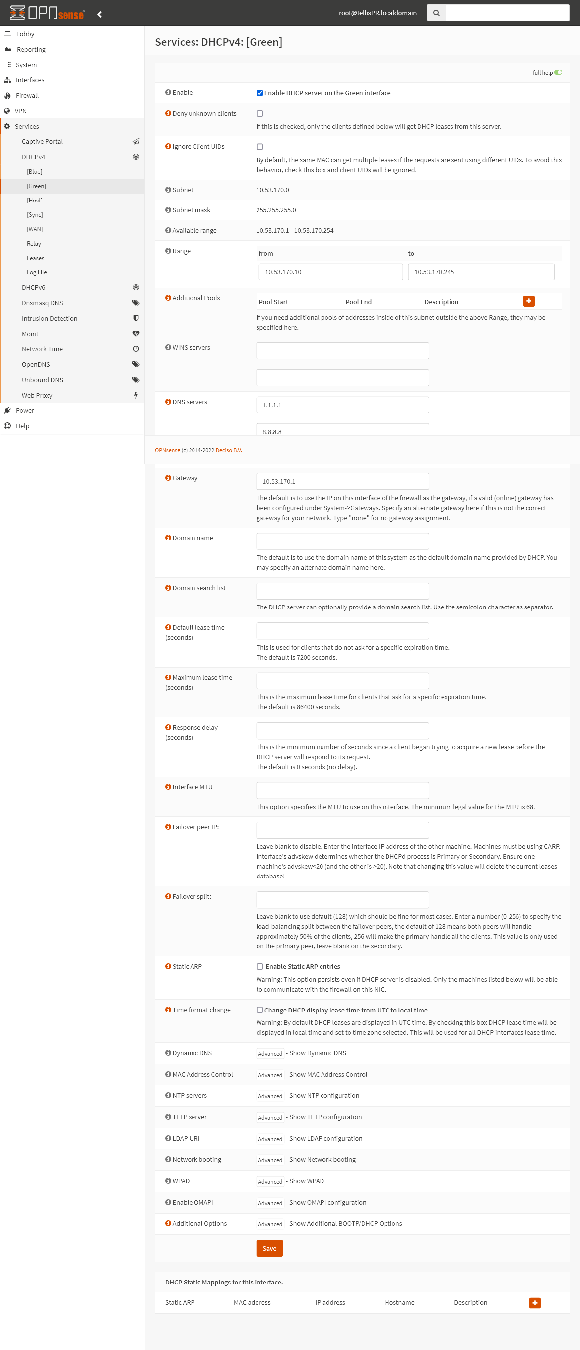 Configurações do Servidor DHCP na Interface Green