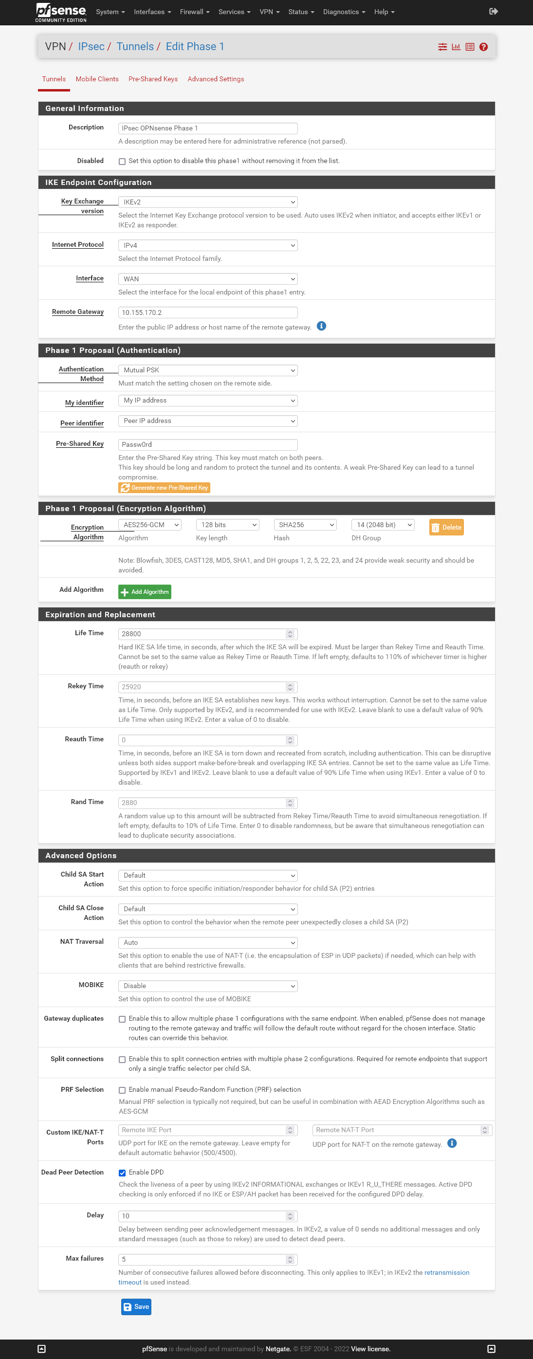 Configurações IPsec Phase 1