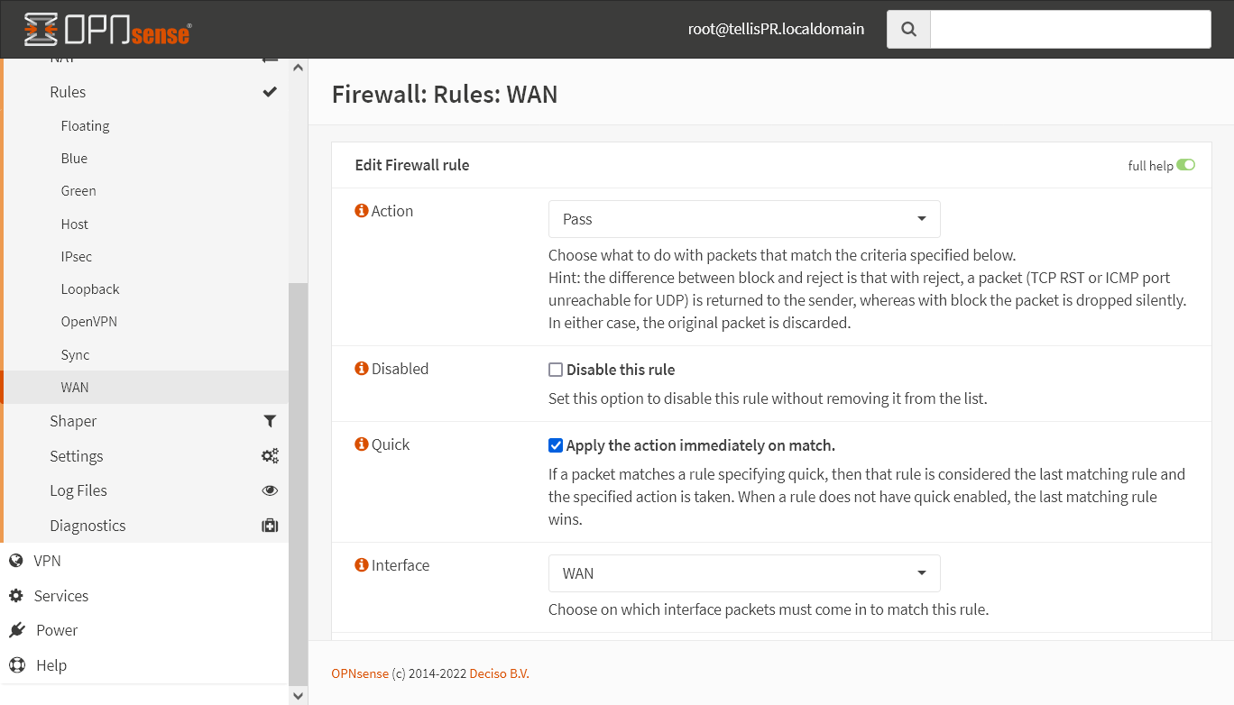Regra na Interface WAN para permitir a ligação VPN