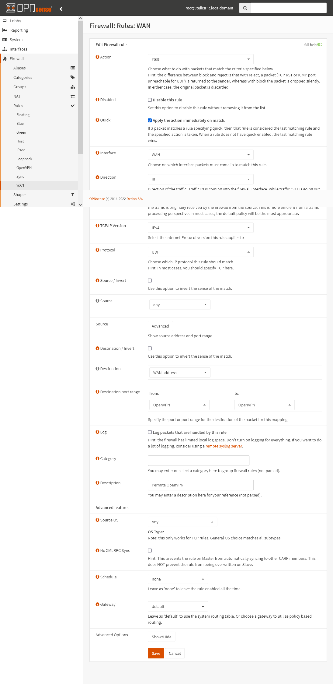 Regra na Interface WAN para permitir a ligação VPN