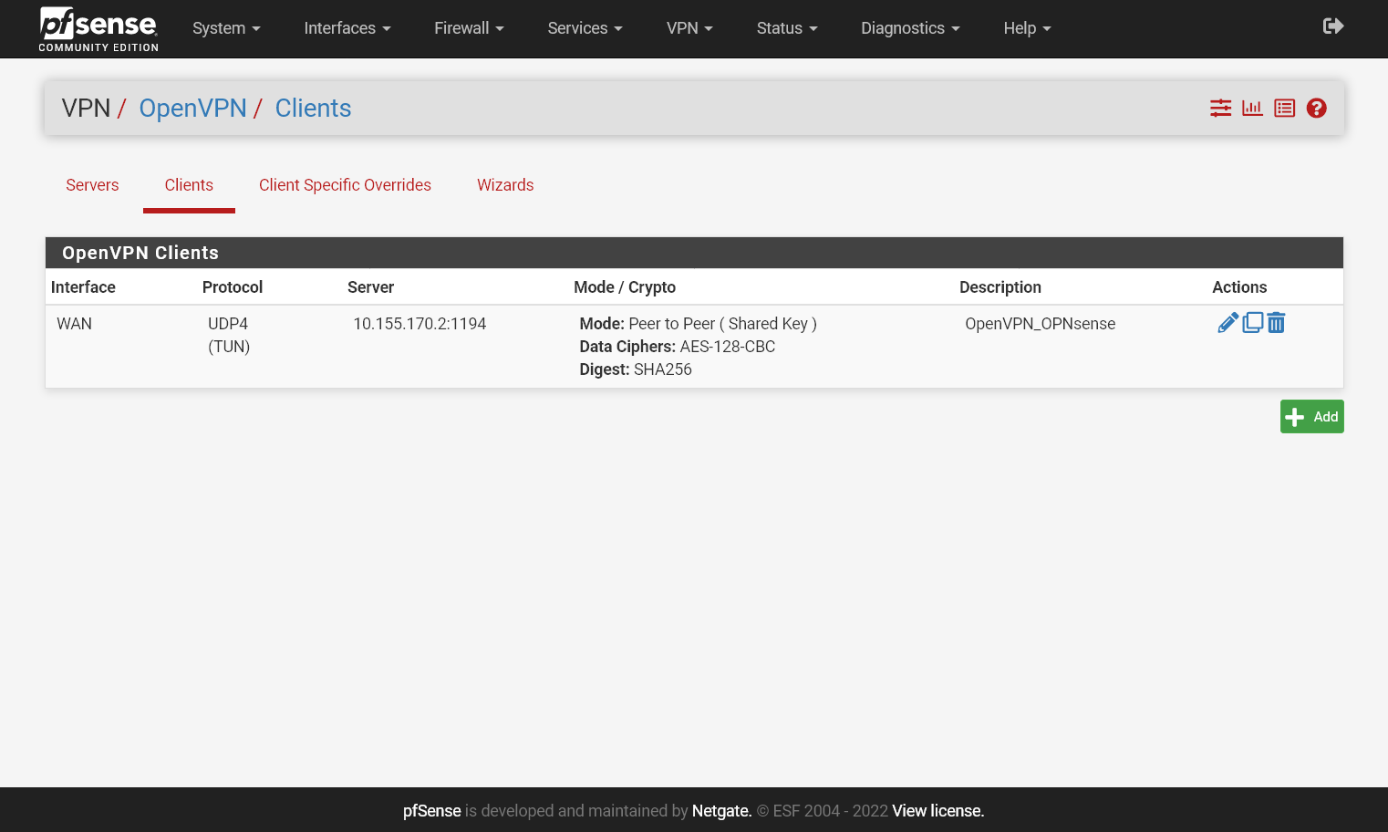 Cliente OpenVPN configurado no pfSense