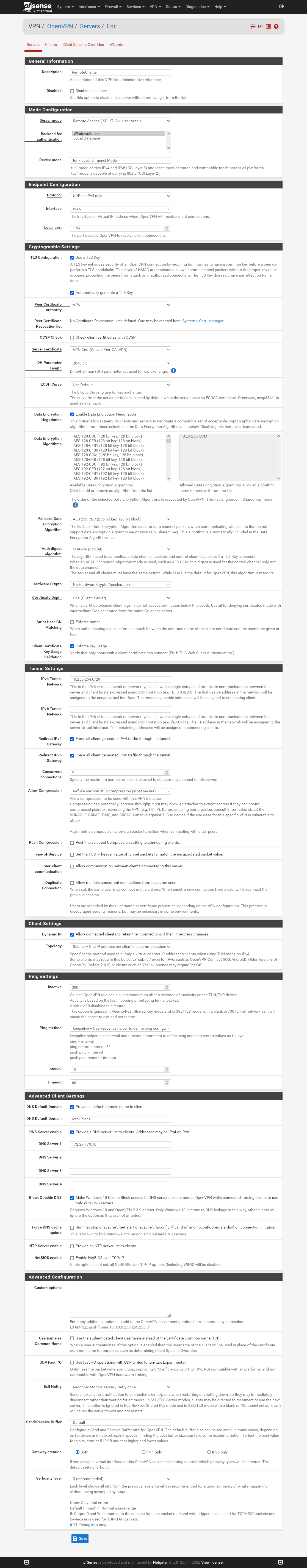 Configuração do servidor OpenVPN no pfSense