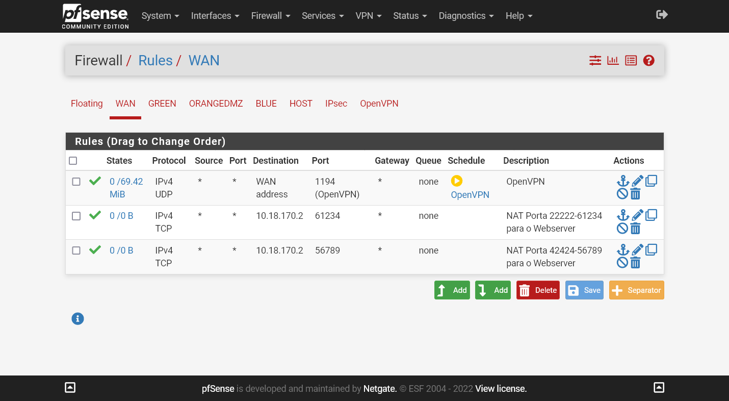Agendamento aplicado na regra da interface WAN