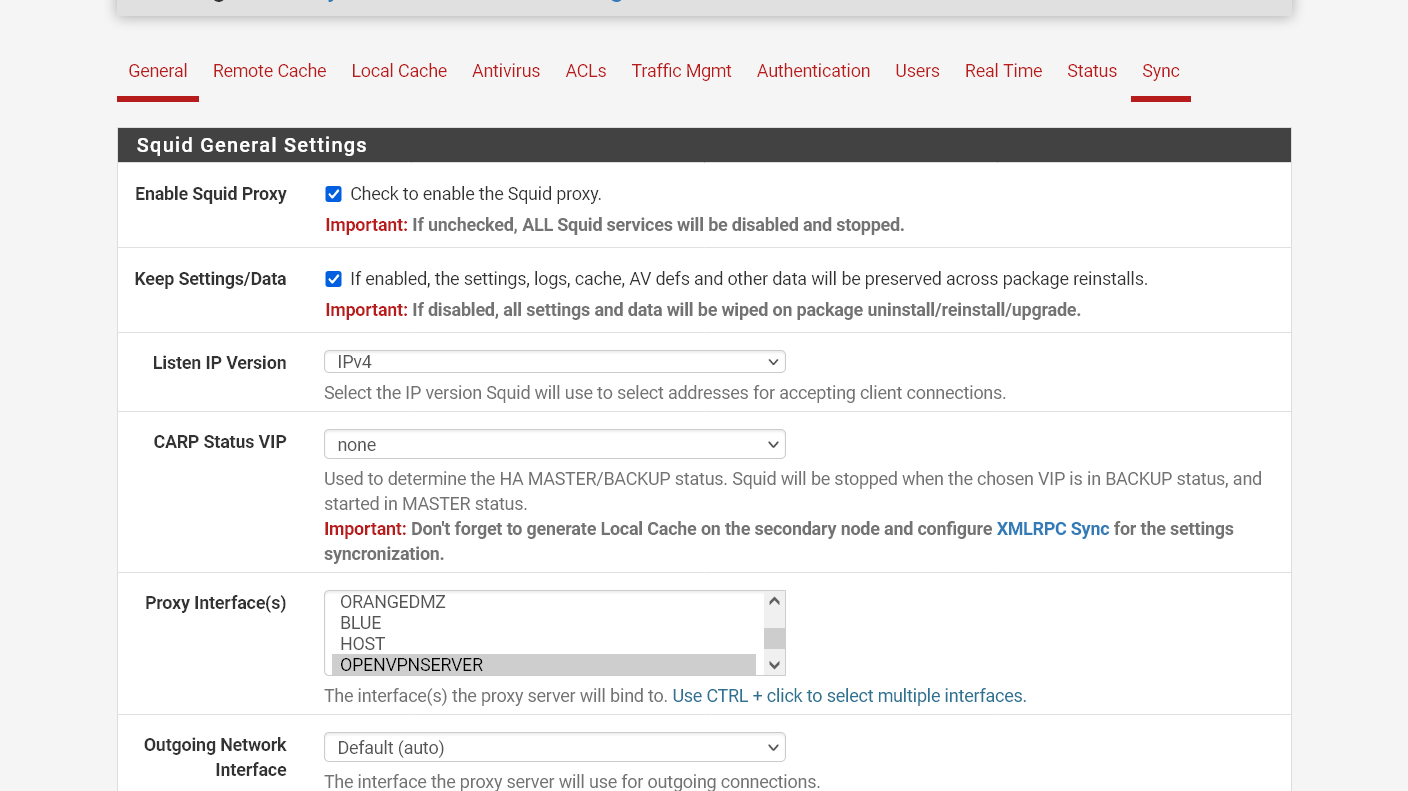 Selecionar interface OpenVPNServer