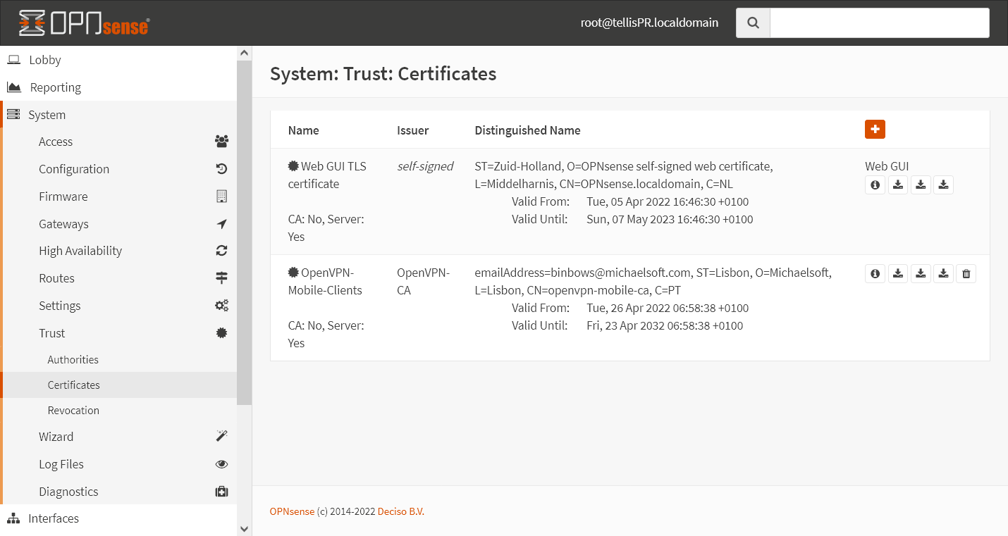 Certificados disponíveis