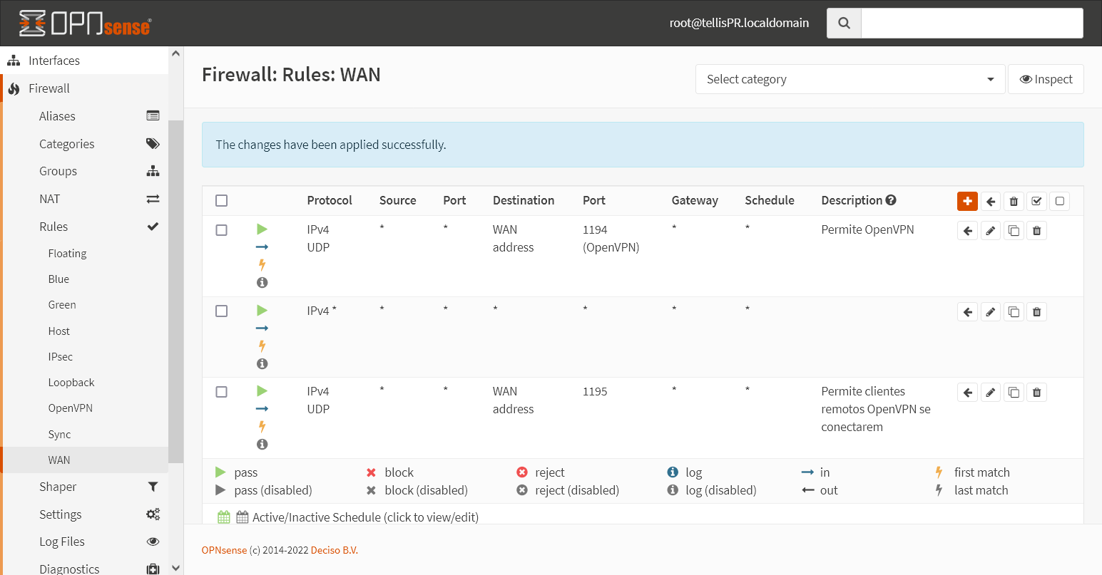 Regra do firewall para a WAN permitindo ligações à porta 1195