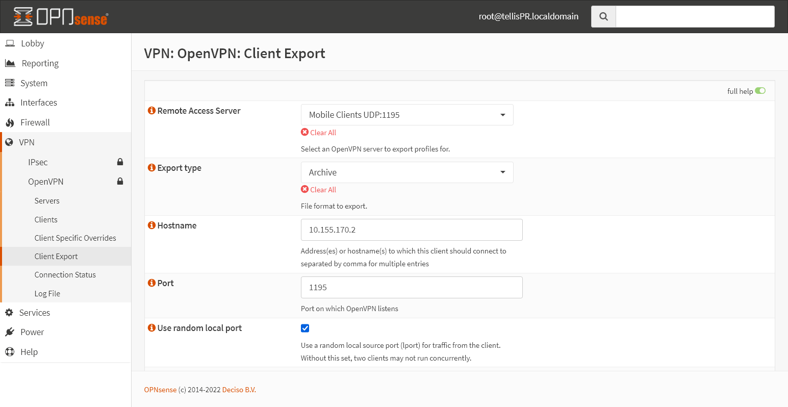 Exportar configuração do cliente
