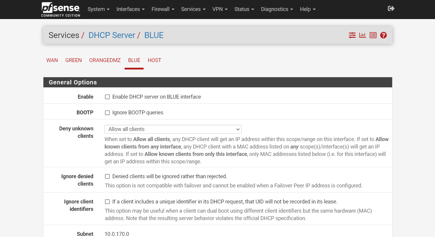 Configurações do servidor DHCP na interface Blue