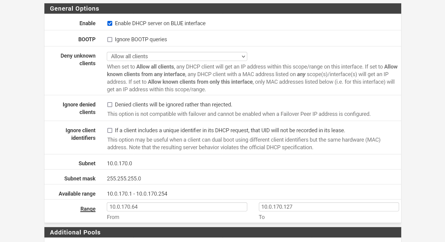Habilitar o servidor DHCP e configurar a pool de endereços